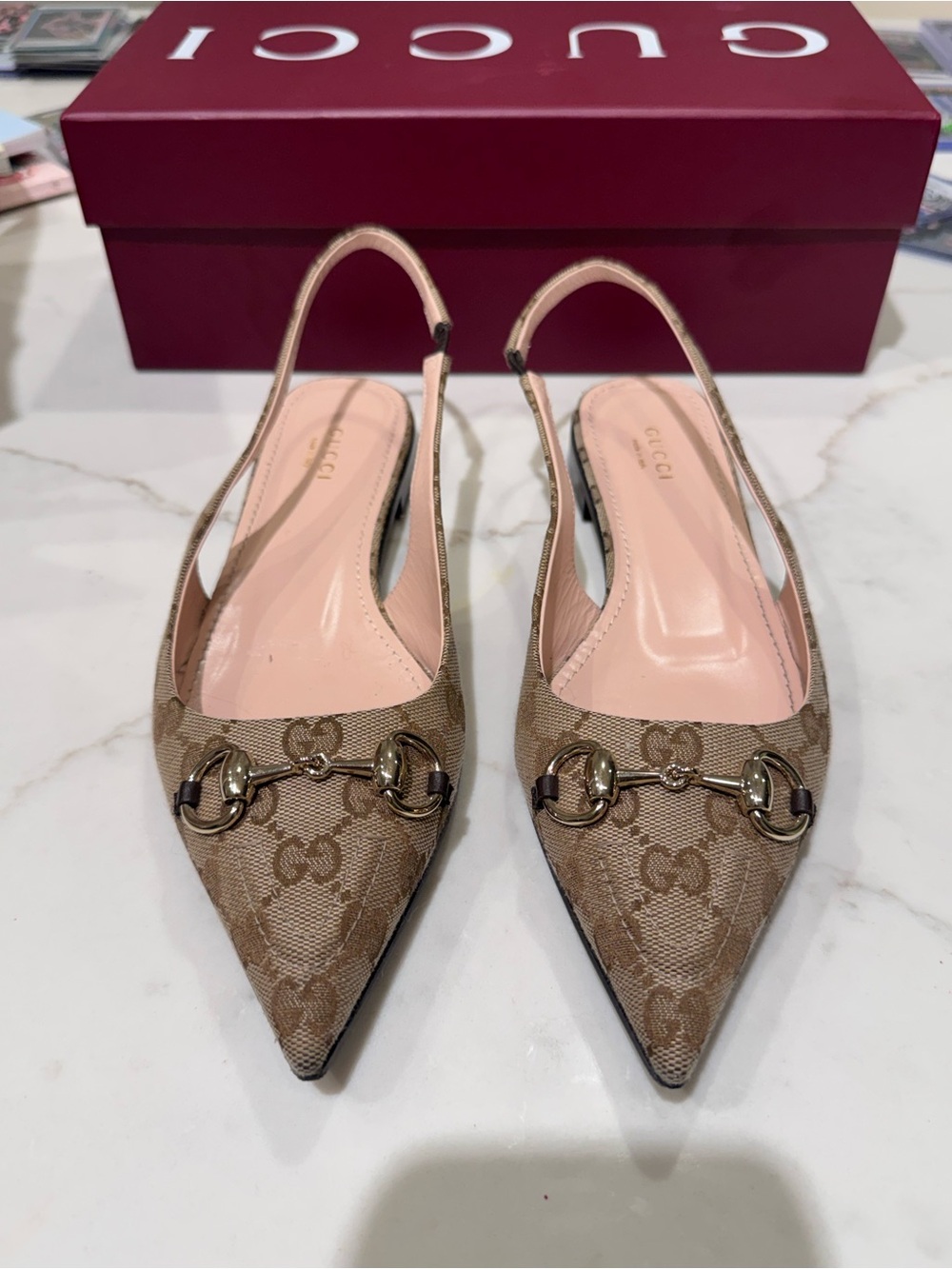 Gucci Beige GG Canvas Pointed-Toe Slingback Flats with Horsebit - Picture 1 of 10